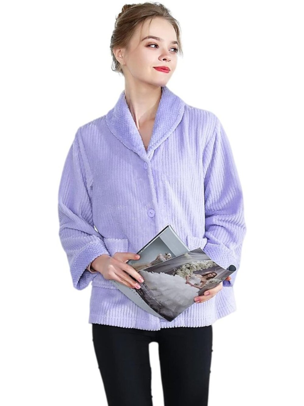 Cozy Women's Coral Fleece Shawl Collar Button Front Bed Jacket - Perfect for
